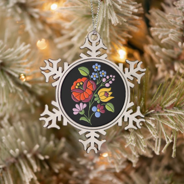 Kalocsai Embroidery - Hungarian Folk Art black Snowflake Pewter Christmas Ornament (Tree)