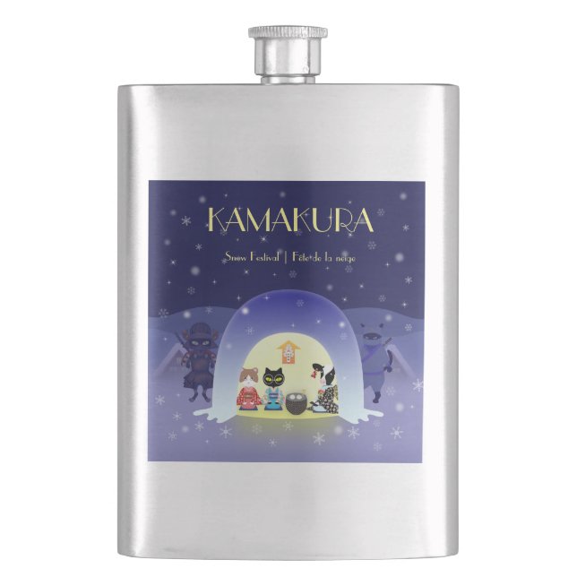 Kamakura Snow Globe: Japan Winter Tradition Hip Flask (Front)
