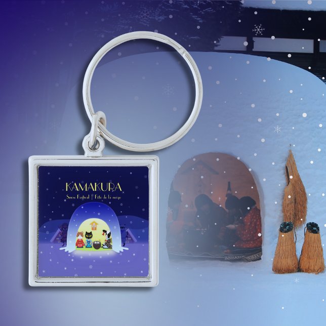 Kamakura Snow Globe: Japan Winter Tradition Key Ring (Edo-Neko's Snowy Celebration Premium Square Keychain)