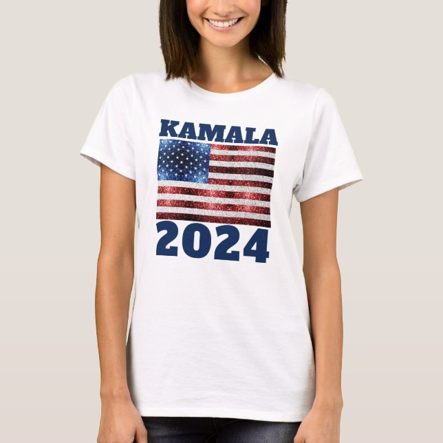 KAMALA 2024 USA flag blue red faux sparkles text  T-Shirt (Front)