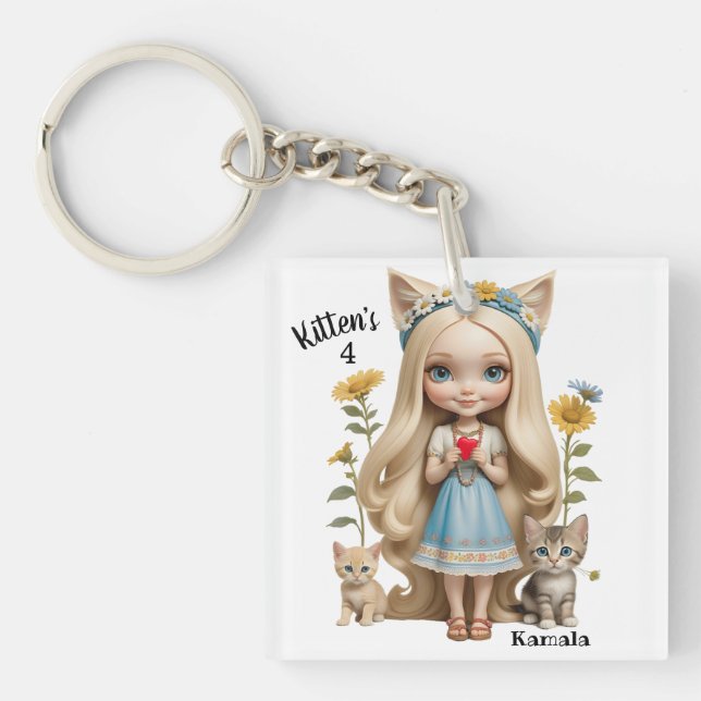 Kamala Cats Kids Custom Personalised Kitten  Key Ring (Front)