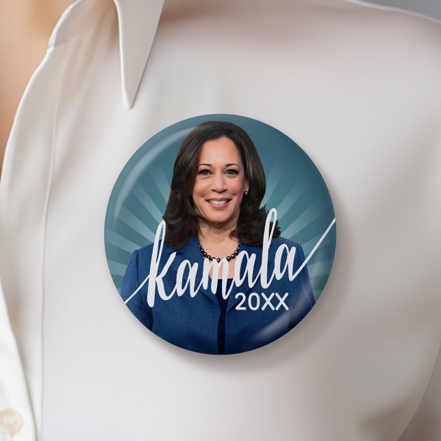 Kamala Harris 2024 - blue teal with script name 6 Cm Round Badge (Kamala Harris Campaign Button - Great Rally button for the Next Election)
