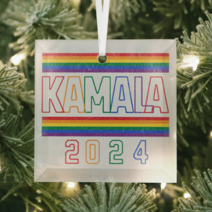 Kamala Harris 2024 Rainbow LGBTQ Retro Glass Tree Decoration