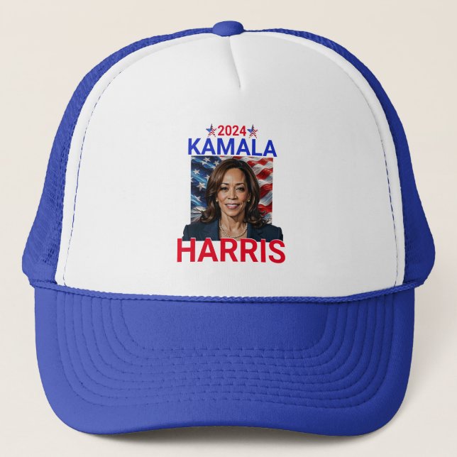 Kamala Harris 2024 Red, White and Blue Trucker Hat (Front)