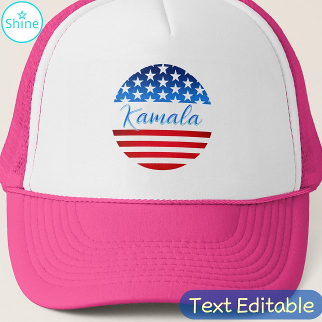 Kamala Harris Campaign SWAG US Flag Elegant Script Trucker Hat (Creator Uploaded)