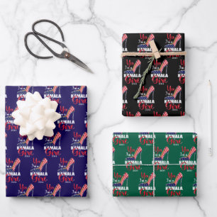 Kamala Harris Girl Woman Christmas Blue Green Wrapping Paper Sheet