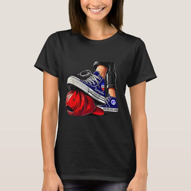 Kamala Harris High Heels Stepping On Red Hat  T-Shirt (Front)