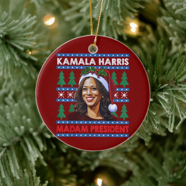 Kamala Harris Madam President Christmas Santa Hat  Ceramic Ornament (Tree)