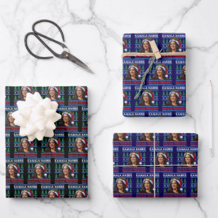 Kamala Harris Madam President Christmas Santa Hat Wrapping Paper Sheet