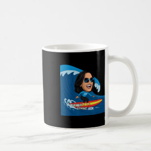 Kamala Harris Riding Surfboard On A Blue Wave Coffee Mug
