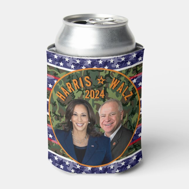 Kamala Harris Tim Walz President Vice Photos Camo Can Cooler (Can Front)