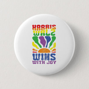 Kamala Wins with Joy Retro Boho Harris Walz LGBT 6 Cm Round Badge
