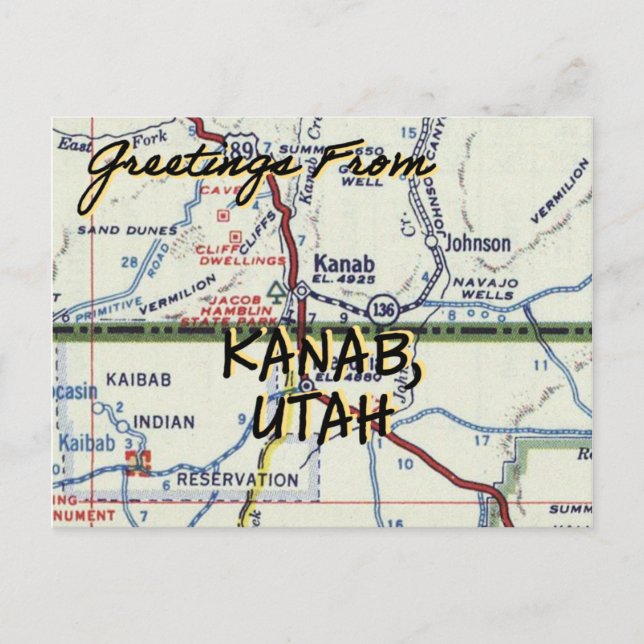 Kanab UT Vintage Map Postcard (Front)