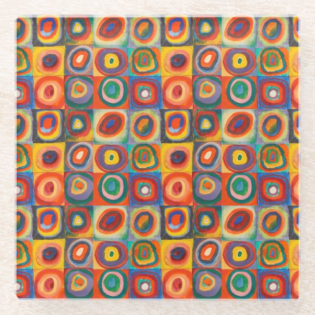 Kandinsky Squares Concentric Circles Glass Coaster (Front)