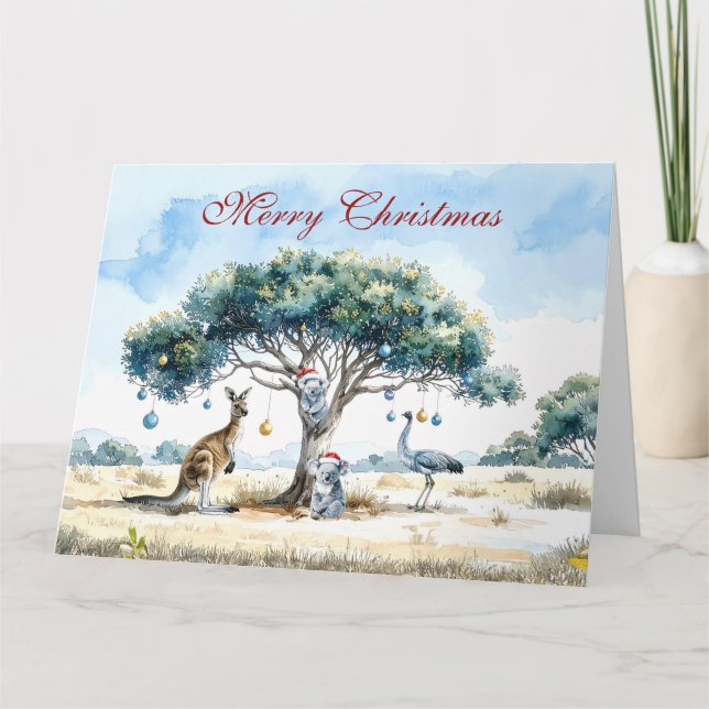 Kangaroo and Emu Christmas Gumtree Baubles Card (Front)