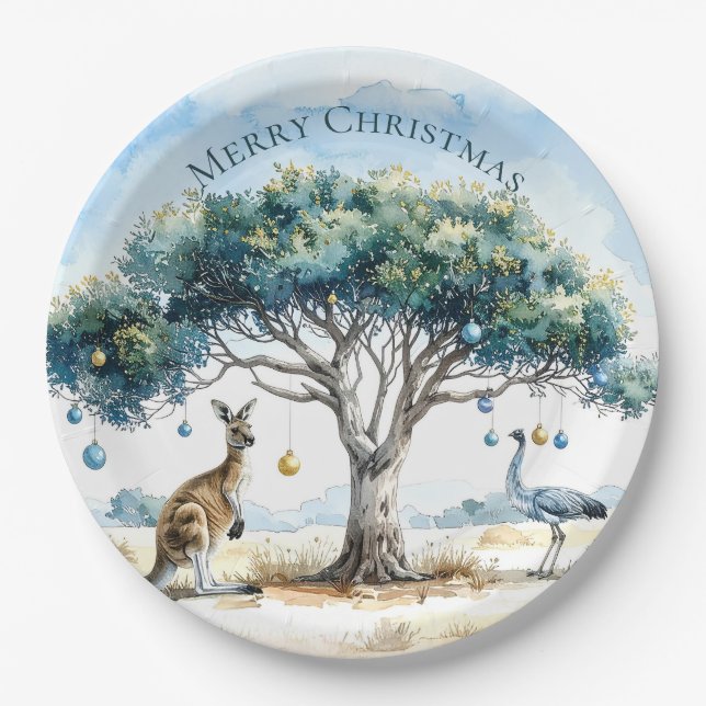 Kangaroo and Emu Christmas Gumtree Baubles Paper Plate (Front)