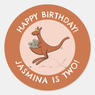 Kangaroo and koalas personalised cartoon birthday classic round sticker