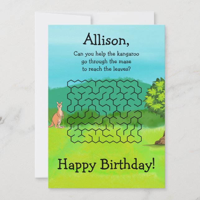 Kangaroo and Leaves Maze Birthday Cards (Front)