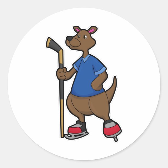 Kangaroo at Hockey with Hockey stick Classic Round Sticker (Front)