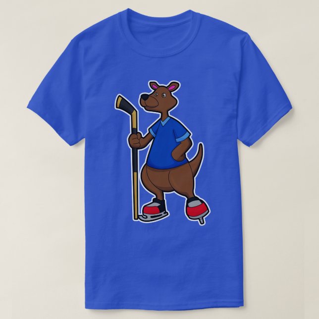 Kangaroo at Ice hockey with Ice hockey stick T-Shirt (Design Front)