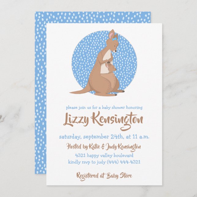 Kangaroo Baby Shower Blue Pattern Invitation (Front/Back)