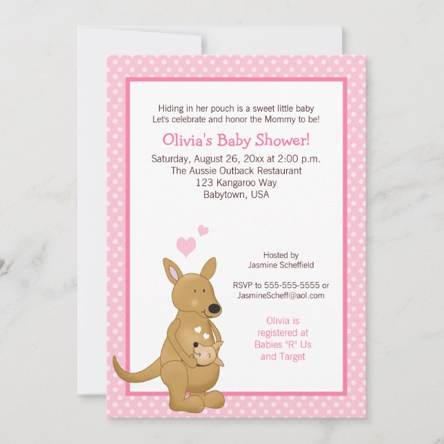 Kangaroo Baby Shower Invitation with Pink Dots (Front)
