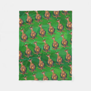 Kangaroo Christmas on Painted Green Back Fleece Blanket
