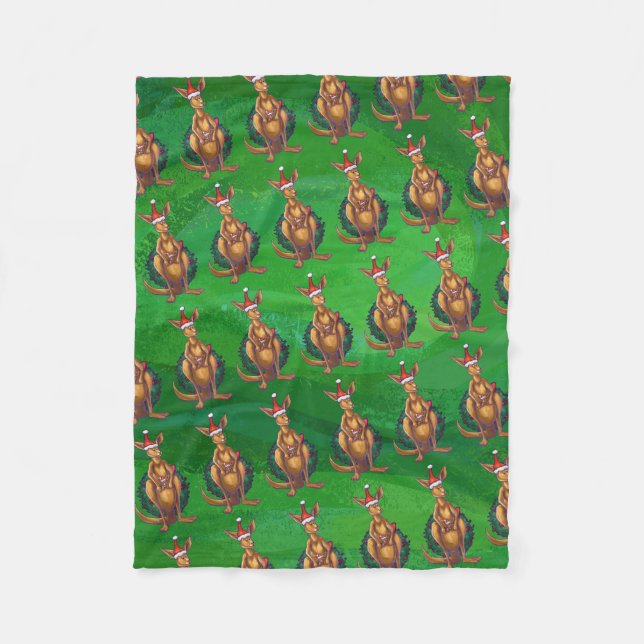 Kangaroo Christmas on Painted Green Back Fleece Blanket (Front)