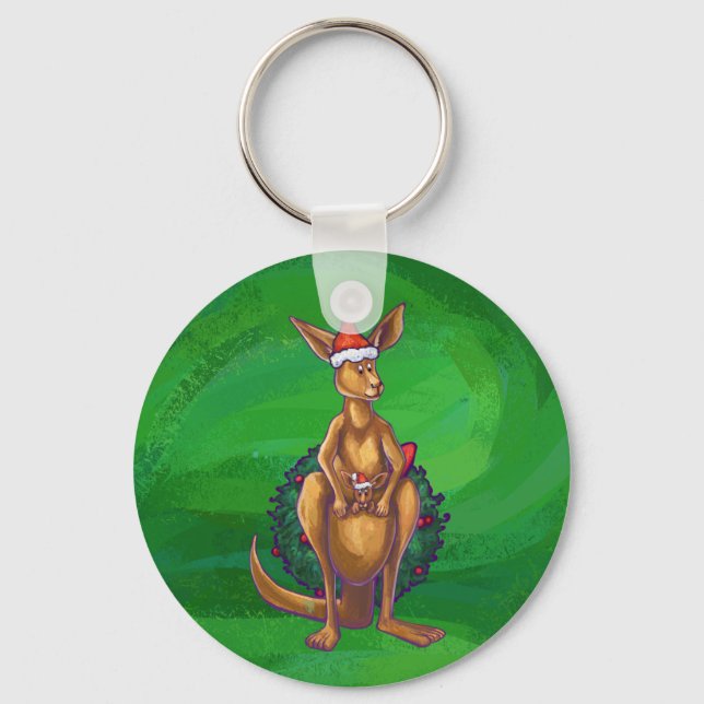 Kangaroo Christmas on Painted Green Back Key Ring (Front)