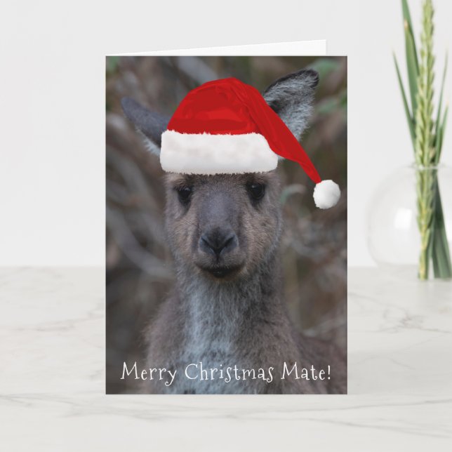 Kangaroo Face Santa Hat Merry Christmas Mate Card (Front)