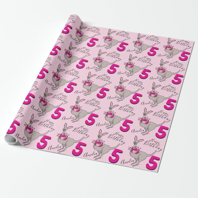 Kangaroo girls 5th birthday name pink wrapping paper (Unrolled)