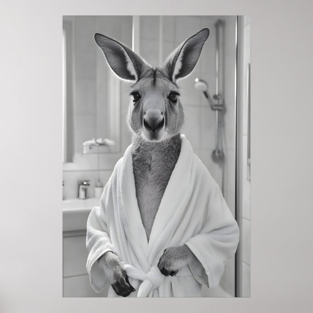 Kangaroo in Bathrobe Print, Funny Animal Bathroom Poster (Front)