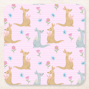 Kangaroo Moms and Babies Square Paper Coaster