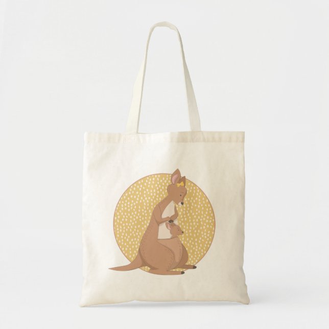 Kangaroo Mummy and Baby on Yellow Pattern Tote Bag (Front)