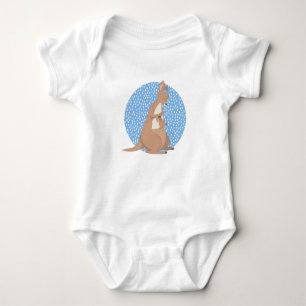 Kangaroo Mummy and Joey on Blue Pattern Baby Bodysuit