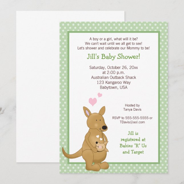 Kangaroo Neutral Baby Shower Invitation Green (Front/Back)