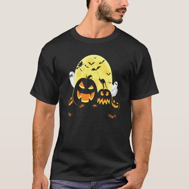 Kangaroo On Scary Pumpkin Halloween Full Moon Boo  T-Shirt (Front)