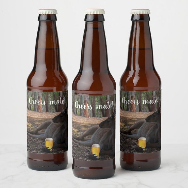 Kangaroo Relaxing with Beer Australia Funny Bottle Label (Bottles)