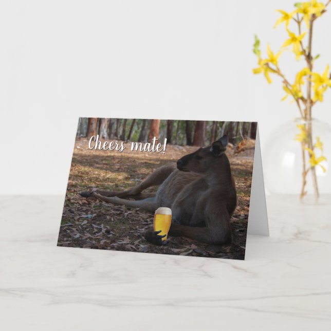 Kangaroo Relaxing with Beer Australia Funny Card (Yellow Flower)