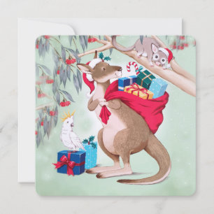 Kangaroo Santa Bag Possum Cockatoo Merry Christmas Holiday Card