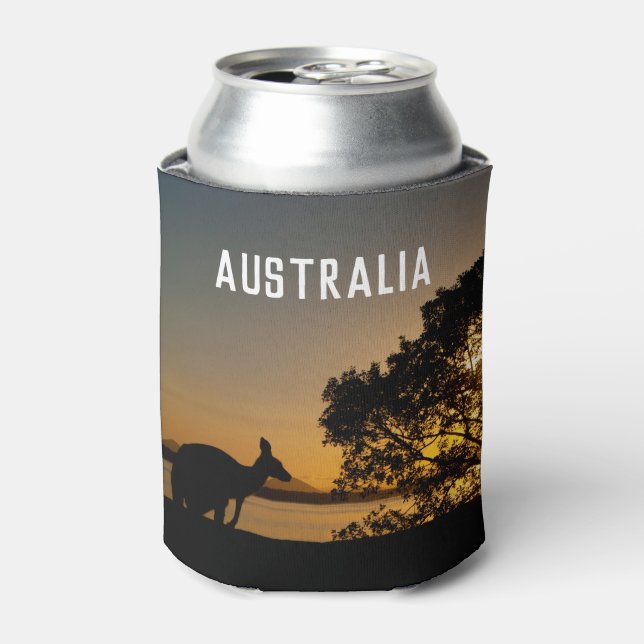 Kangaroo silhouette, beautiful sunset Australia Can Cooler (Can Front)