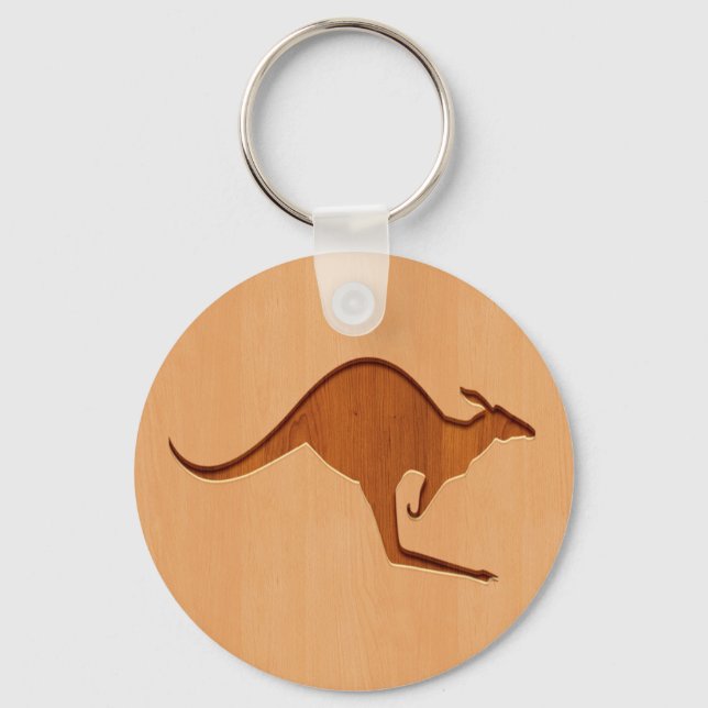 Kangaroo silhouette engraved on wood design key ring (Front)