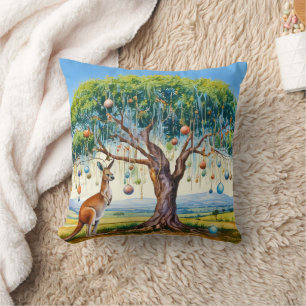 Kangaroo under gumtree with Christmas baubles Cushion