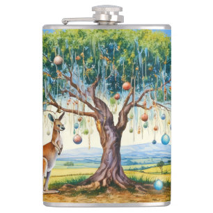 Kangaroo under gumtree with Christmas baubles Hip Flask