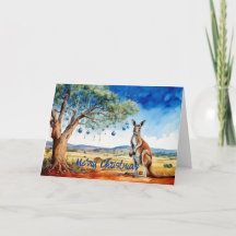 Kangaroo under gumtree with Christmas baubles