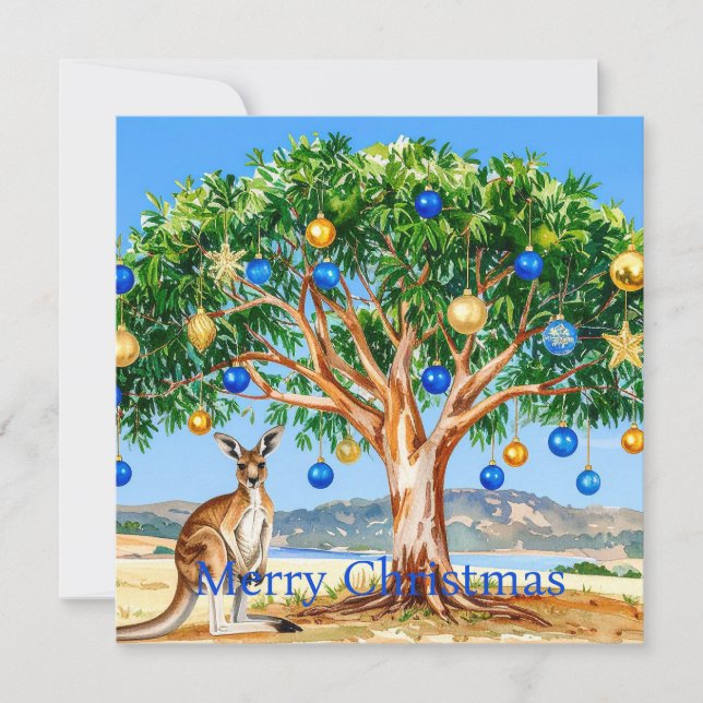 Kangaroo under gumtree with Christmas baubles Holiday Card (Front)