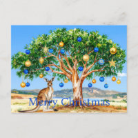 Kangaroo under gumtree with Christmas baubles