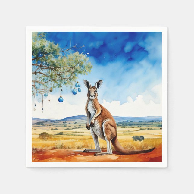 Kangaroo under gumtree with Christmas baubles Napkin (Front)