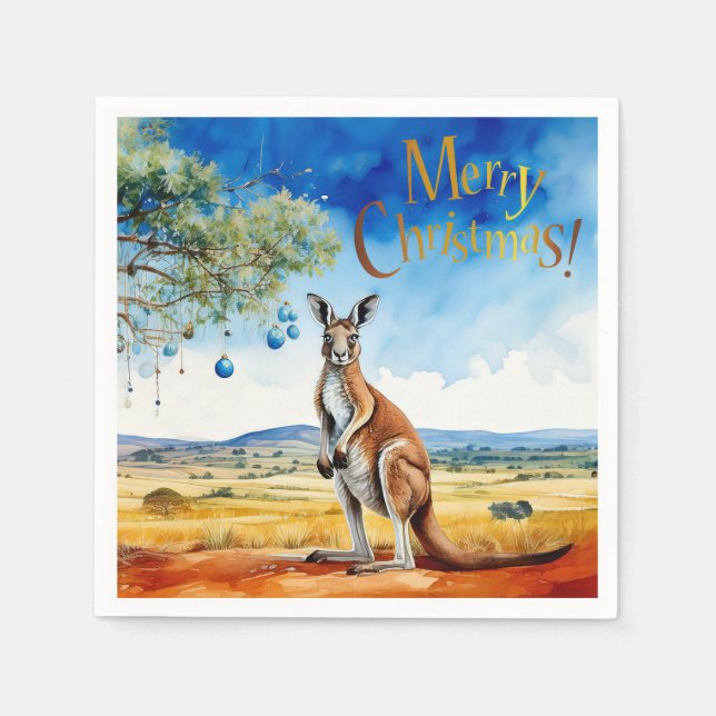 Kangaroo under gumtree with Christmas baubles Napkin (Front)
