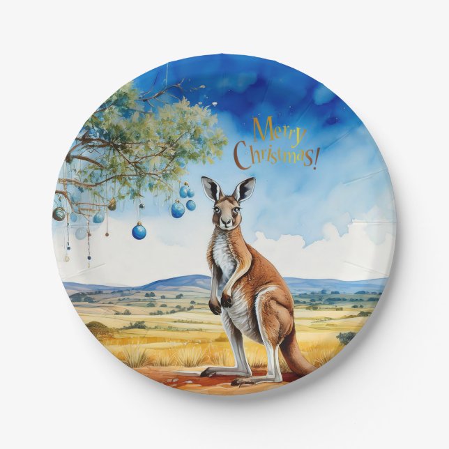 Kangaroo under gumtree with Christmas baubles Paper Plate (Front)